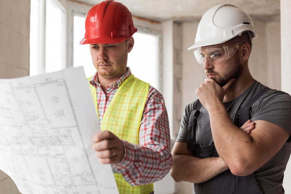 Profesionales revisando los planos de una obra